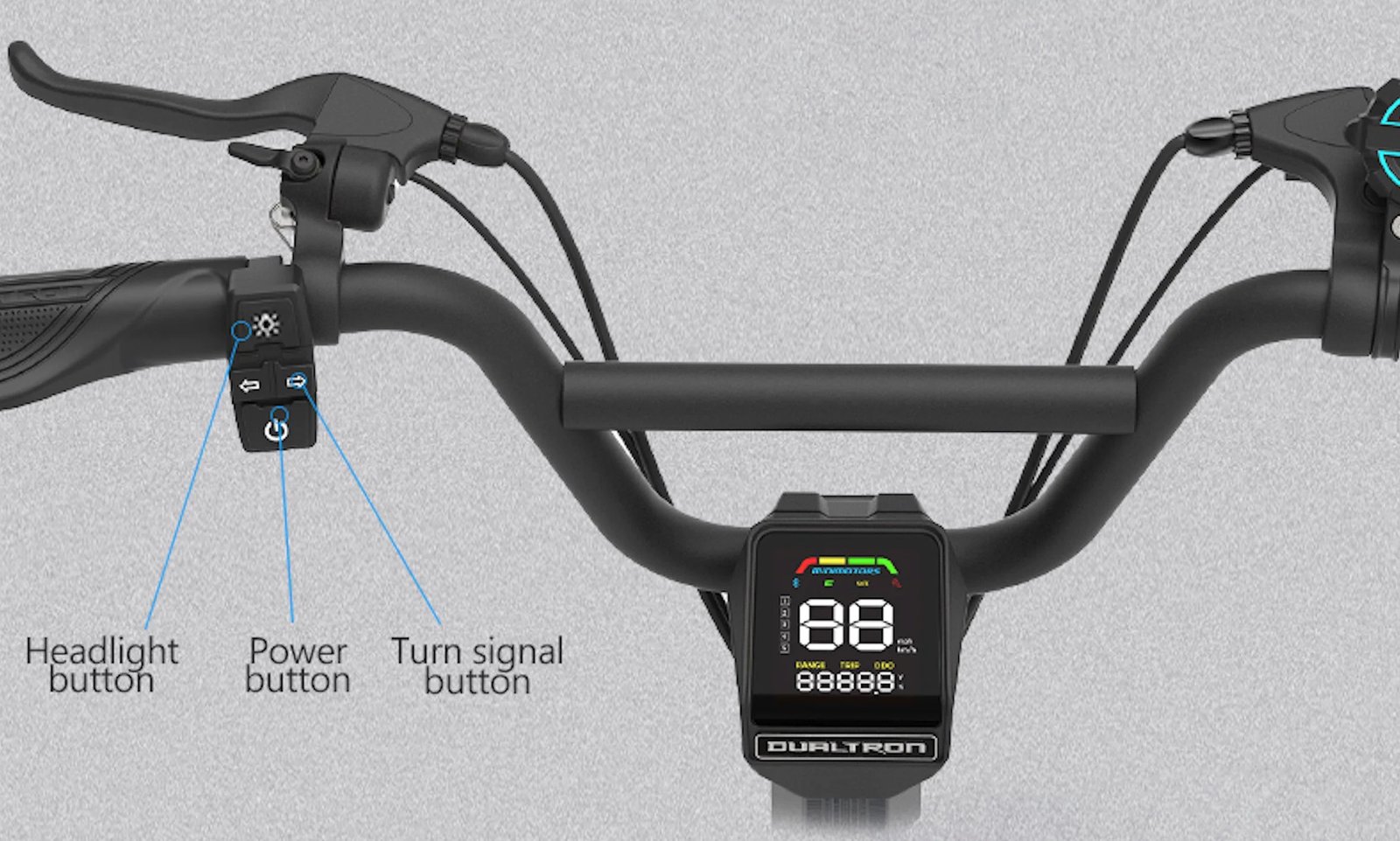 Controles del manubrio, guiños, faro y bocina integrada del Dualtron Togo